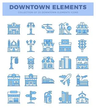 Downtown elements icons in blue outline style. 스톡 일러스트
