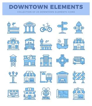 Downtown elements icons in blue on a white background 스톡 일러스트