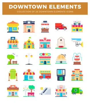 Downtown elements icons in a bright. flat design. 库存插图