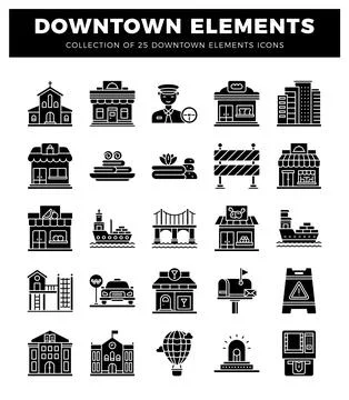 Downtown elements icons with buildings and transportation Illustrazione stock