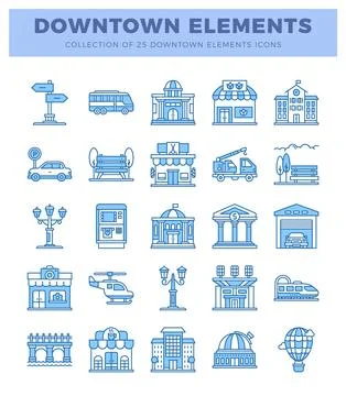 Downtown elements icons. clean blue outlines on white background. City buil.. Illustrazione stock