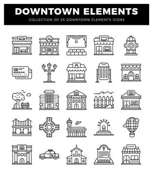 Downtown elements icons in clean line art Stock Illustration