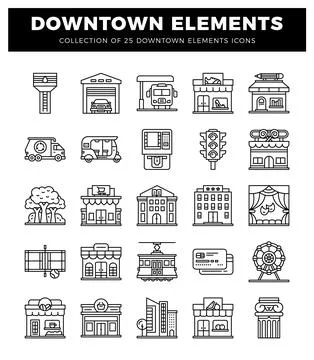 Downtown elements icons in a clean. modern style. Illustrazione stock