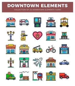 Downtown elements icons collection 25 city buildings. transport. and services Stock Illustration