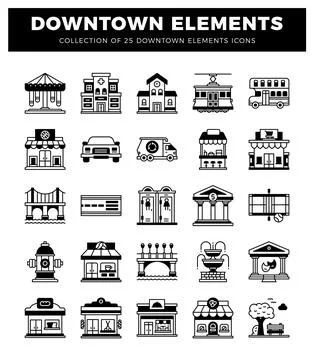 Downtown elements icons collection in black and white. Buildings. transport.. Illustrazione stock