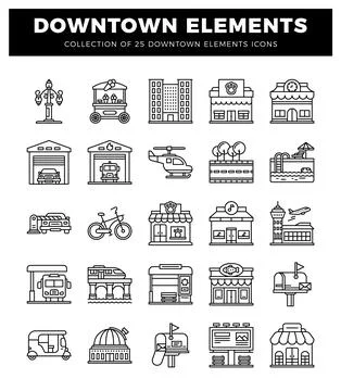 Downtown elements icons collection in black and white イラスト素材