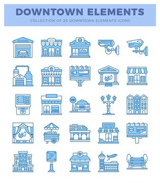 Downtown elements icons collection in blue and white style 스톡 일러스트