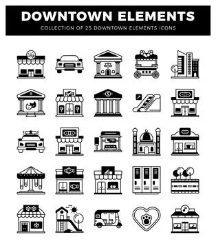 Downtown Elements Icons Collection Building. Car. and Service Symbols Stock Illustration