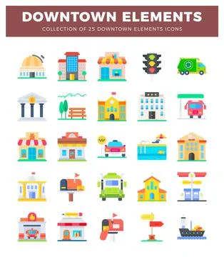 Downtown elements icons collection with buildings and vehicles on white bac.. イラスト素材