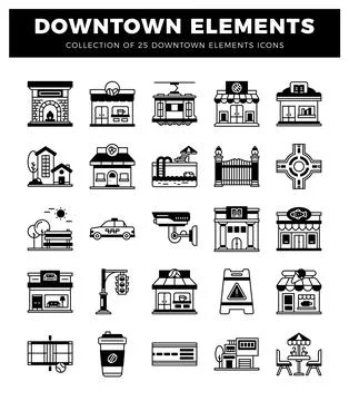 Downtown Elements Icons Collection of City Buildings and Objects 스톡 일러스트
