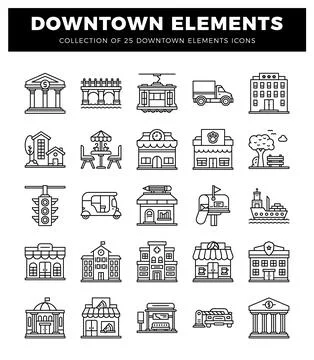 Downtown elements icons collection. city buildings. transportation. and ser.. イラスト素材