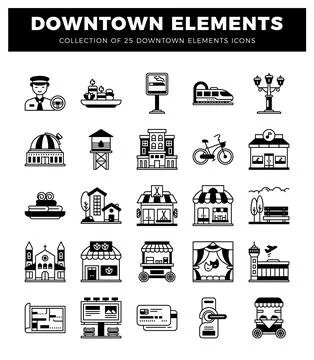 Downtown Elements Icons Collection Diverse icons depicting urban infrastruc.. Stock Illustration