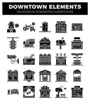 Downtown elements icons collection with diverse urban features. Stock Illustration