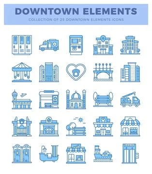 Downtown elements icons collection featuring city buildings. vehicles. and .. Stock Illustration