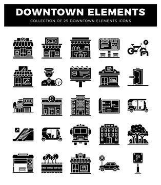 Downtown elements icons collection featuring urban buildings and transport Illustrazione stock