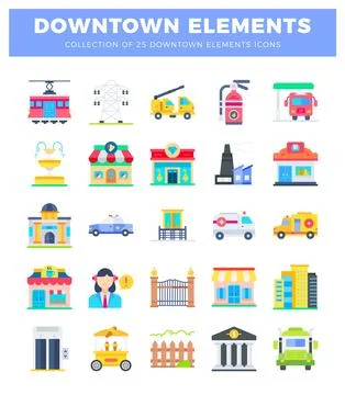 Downtown elements icons collection featuring city buildings. vehicles. and .. イラスト素材
