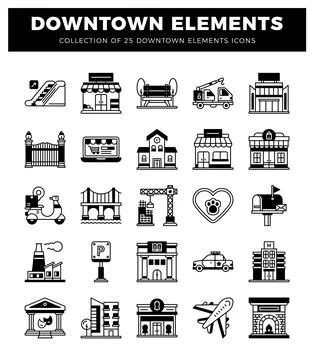 Downtown elements icons collection featuring buildings. transport. and servic Stock-Illustration