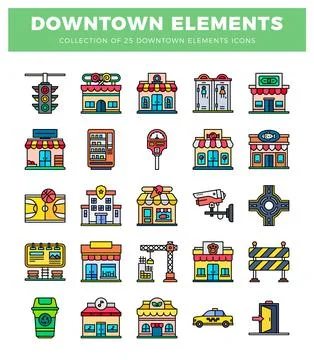 Downtown elements icons collection in flat design with clean backgrounds. 스톡 일러스트