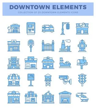 Downtown elements icons collection in flat blue line style Stock Illustration