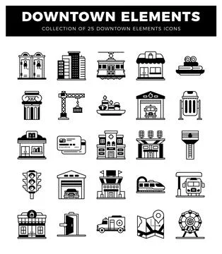Downtown elements icons collection. flat design graphics of urban city buil.. Stockillustratie