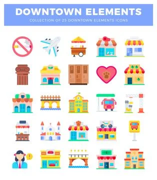 Downtown elements icons collection with flat design on white 스톡 일러스트