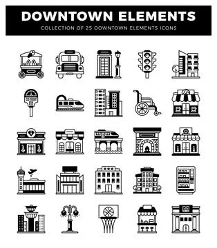 Downtown elements icons collection. set of 25 vector illustrations. 스톡 일러스트