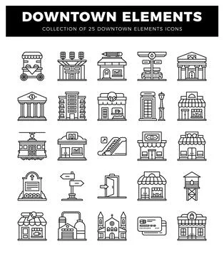 Downtown Elements Icons Collection with Urban Line Art Illustrazione stock