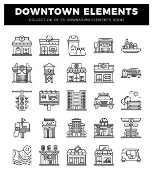 Downtown elements icons collection for urban planning. イラスト素材