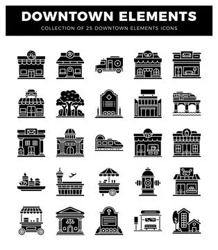 Downtown elements icons collection on white background. イラスト素材