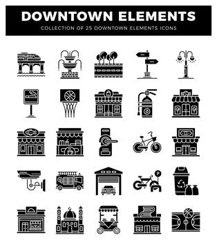 Downtown elements icons collection on white background. Set of urban city i.. 스톡 일러스트