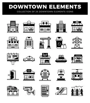 Downtown elements icons collection on white background Ilustración de archivo
