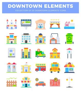 Downtown elements icons displayed on a white background Stock Illustration