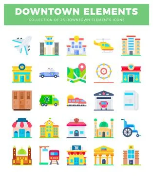 Downtown elements icons displayed on a white background 스톡 일러스트