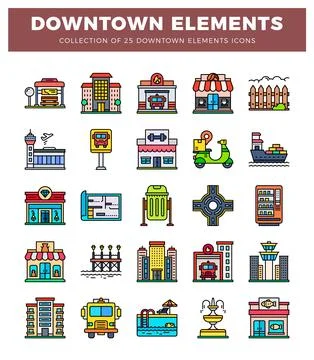 Downtown elements icons featuring buildings and urban features. Stock Illustration