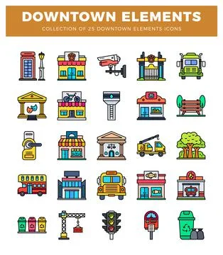 Downtown elements icons featuring buildings. vehicles. and city utilities. Stock Illustration