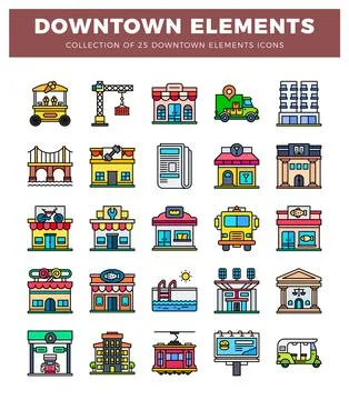 Downtown elements icons featuring buildings. vehicles. and amenities in a c.. Illustrazione stock