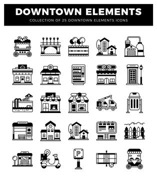 Downtown elements icons featuring buildings. vehicles. and street furniture. 库存插图