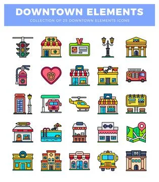 Downtown elements icons featuring buildings. vehicles. and services. presen.. Stock Illustration