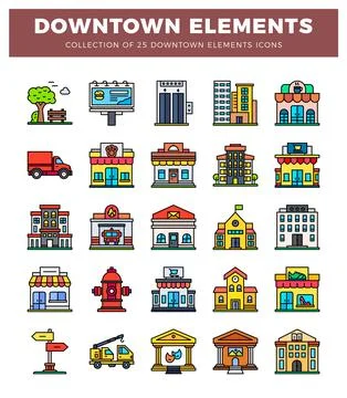 Downtown elements icons featuring buildings. vehicles. and urban features. Stock Illustration