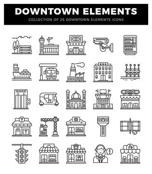 Downtown elements icons featuring buildings. transportation. and services i.. Stock Illustration