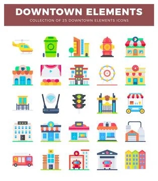 Downtown elements icons featuring buildings. a helicopter. and city infrast.. Ilustración de archivo