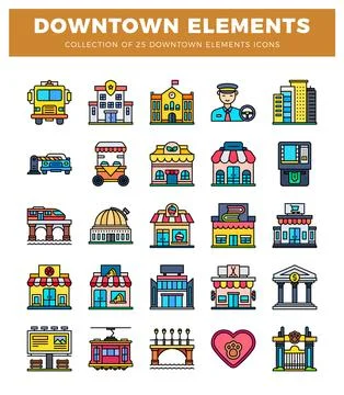 Downtown elements icons featuring city buildings. vehicles. and amenities イラスト素材