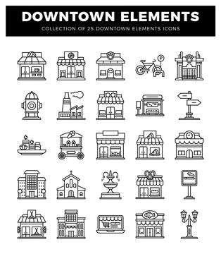 Downtown elements icons featuring shops. buildings. and street furniture. p.. Stock Illustration