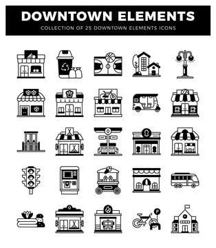 Downtown elements icons featuring shops. transportation. and street objects. Illustrazione stock