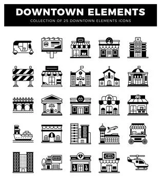 Downtown elements icons featuring transportation. buildings. and city landm.. イラスト素材