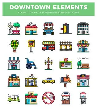 Downtown elements icons featuring urban transportation. buildings. and amen.. Ilustración de archivo