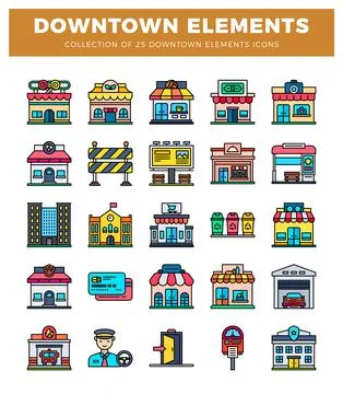 Downtown elements icons featuring various buildings and city graphics on a .. 스톡 일러스트