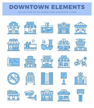 Downtown elements icons. flat blue and white design. 스톡 일러스트