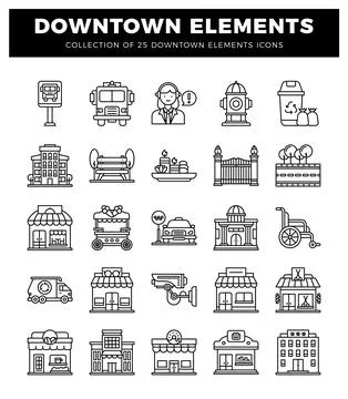 Downtown elements icons. flat design. Stock Illustration
