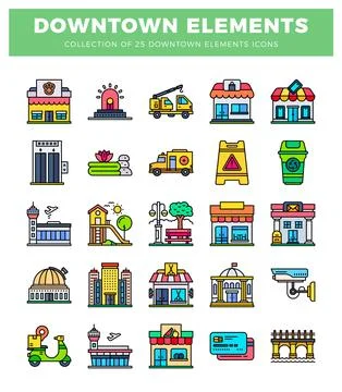 Downtown elements icons. flat design with colorful illustrations. graphic d.. 스톡 일러스트